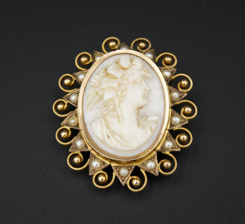Vintage 9k Gold Cameo Brooch Carved Shell Seed Pearl Bead 1.4