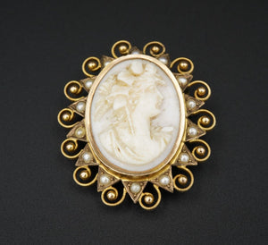 Vintage 9k Gold Cameo Brooch Carved Shell Seed Pearl Bead 1.4" OG458