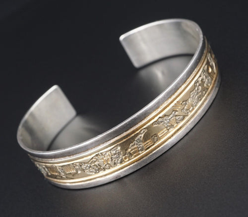 Vintage Sterling Silver 12k GF Cuff Bracelet Pueblo Scene 7