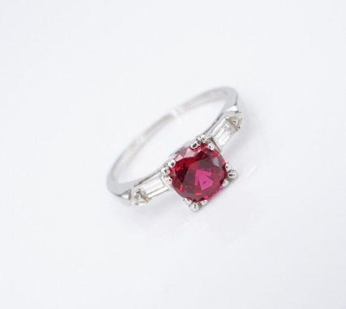 Platinum Created Ruby Diamond Baguette Ring Band Size 6.5 Vintage RG4290