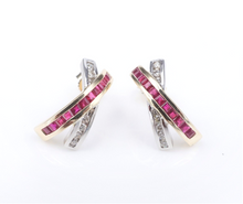 Vintage 14k 2 Tone Gold Natural Ruby Diamond X Crossover Post Earrings EG2288