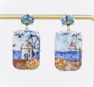 18k Gold Earrings Hand Painted Grecian Blue Topaz Ocean Dangle 1.4" NWOT EG2444