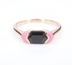 14k Rose Gold Black Tourmaline Pink Enamel Cocktail Ring Size 6.75 Trendy RG4061