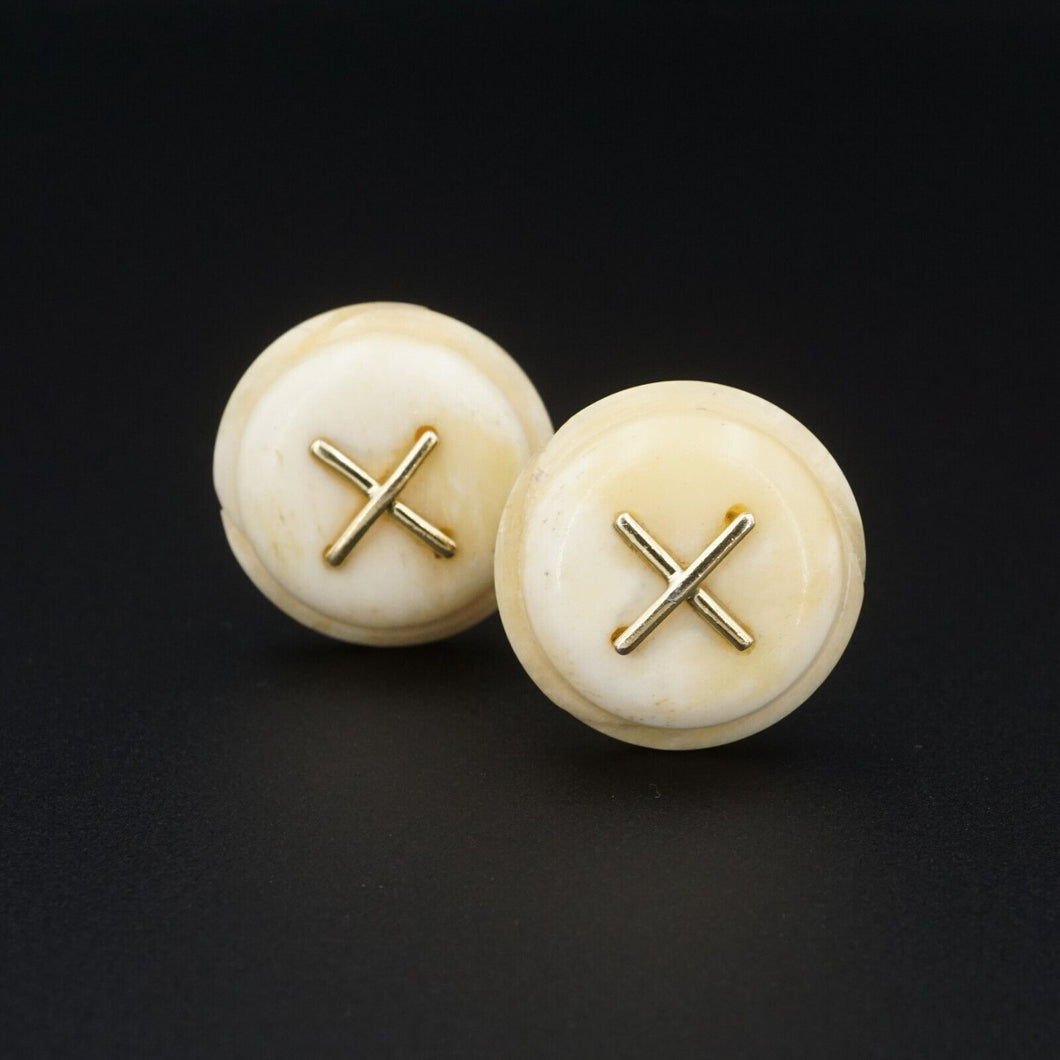 Sterling Silver Vermeil Button Earrings Carved Statement Designer KY ES2386