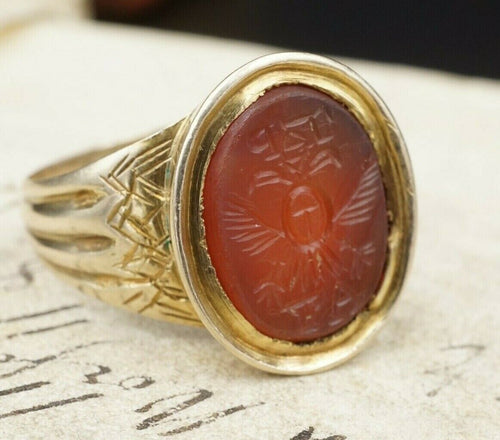 Antique 10K Gold Carved Carnelian Intaglio Double Eagle Ring Size 12.5 RG3204