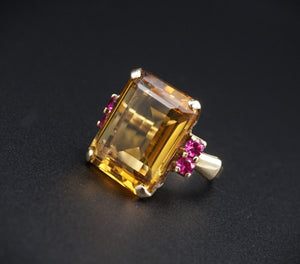 1940s Retro 14K Ring Cocktail Candy Yellow Gold 9ct Citrine Ruby Sz 5.75 RG4303