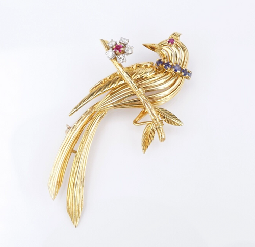 Vintage French 18k Sapphire Ruby Diamond 3D Bird Flower Pin Brooch Gold 2