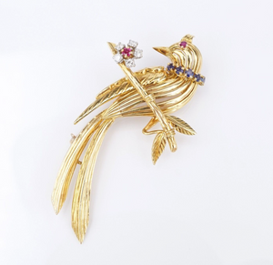 Vintage French 18k Sapphire Ruby Diamond 3D Bird Flower Pin Brooch Gold 2" OG494