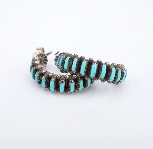 Zuni Petit Point Turquoise Hoop Earrings Sterling Silver 0.84