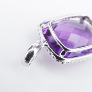 14k Amethyst Diamond Halo Pendant White Gold Cushion Drop 1" PG1815