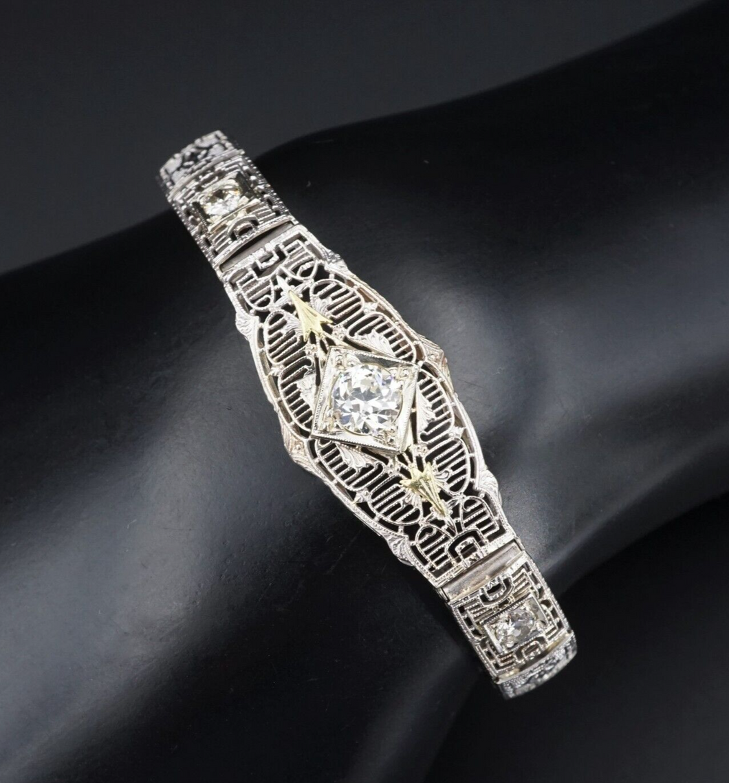 Classic Antique Art Deco 14k Gold 1ct Three Diamond Filigree Bracelet 6.5