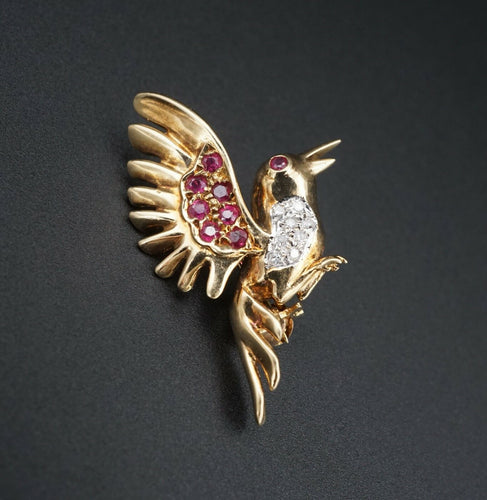 Vintage 14k Yellow Gold 0.3ct Ruby Diamond Detailed 3D Bird Pin Brooch 1