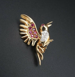 Vintage 14k Yellow Gold 0.3ct Ruby Diamond Detailed 3D Bird Pin Brooch 1" OG379