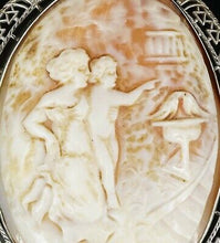 Unique 14k White Gold Carved Shell Mother Child Cameo Pendant Brooch 2" OG345