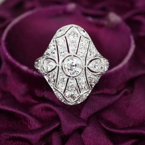 Antique Art Deco Platinum Diamond Pave Cocktail Shield Ring Size 5.75 RG3664