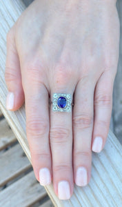 Antique 18K Gold 4ct Blue Ceylon Sapphire Diamond Halo Ring Size 7.25 GIA RG3307