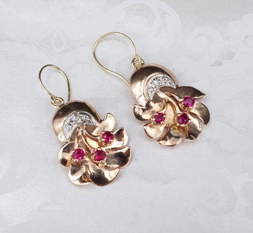 Vintage 14k Earrings Retro Rose Gold Ruby Diamond Dangle Floral EG2450