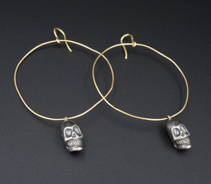 18k Yellow Gold Hoop Earrings 3" Skull Halloween Sterling Silver Spooky EG2117