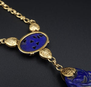 Antique 14k Yellow Gold Enamel Carved Lapis Floral Y Pendant Necklace 17" NG1462