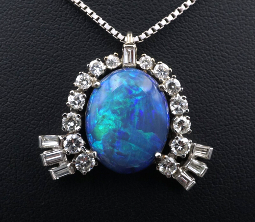Vintage 5ct Black Opal Diamond Pendant Necklace White Gold 17.5