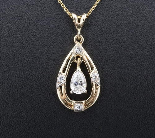 14k Yellow Gold Natural Pear Cut Diamond Pendant Necklace Vtg 0.75ct 20