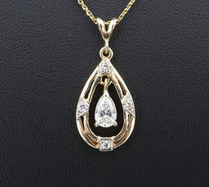 14k Yellow Gold Natural Pear Cut Diamond Pendant Necklace Vtg 0.75ct 20" NG1477