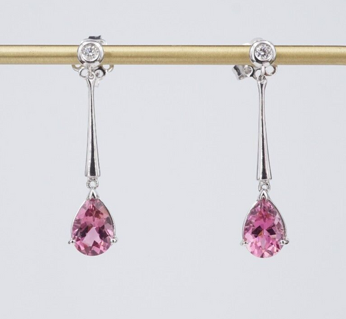 18k White Gold Pink Natural Tourmaline Diamond Earrings Dangle Drop 1.25