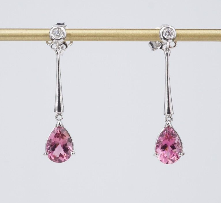 18k White Gold Pink Natural Tourmaline Diamond Earrings Dangle Drop 1.25