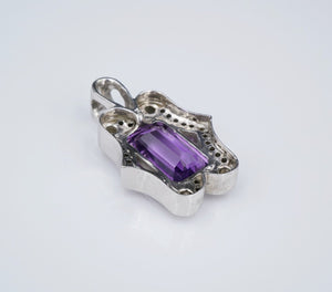 Vintage 14k White Gold 9 carat Amethyst Diamond Halo Pendant 1.3" PG1632