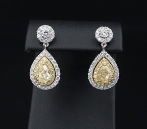 NEW EFFY 18k Gold 2.25ct Fancy Yellow Pear Diamond Halo Dangle Earrings 1" CO901