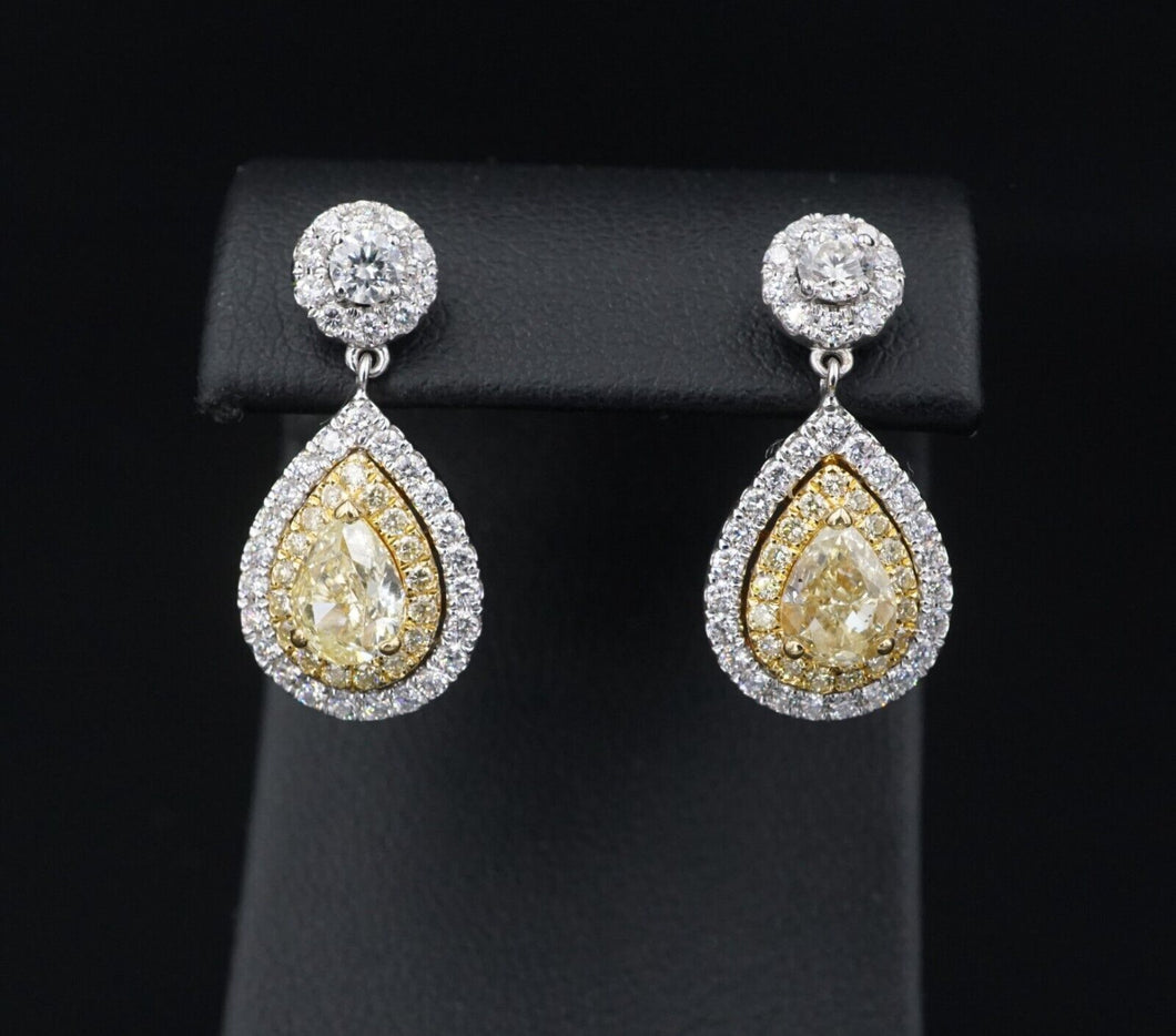 NEW EFFY 18k Gold 2.25ct Fancy Yellow Pear Diamond Halo Dangle Earrings 1