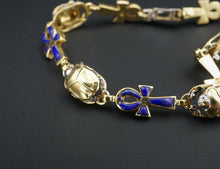 Vintage 2-Tone 18k Gold Lapis Inlay Scarab Ankh Bracelet 7.75" BG511