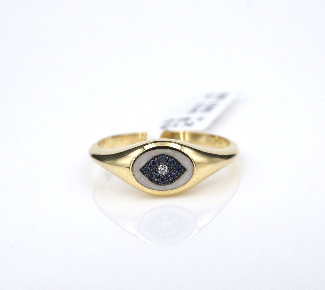 18k Signet Ring Yellow Gold Diamond Pave Sapphire Evil Eye Size 6.5 NWOT RG4330