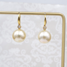 18k Yellow Gold 13mm Golden South Sea Pearl Diamond Dangle Earrings Hook EG2407