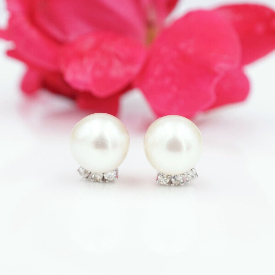 18k White Gold Pearl Diamond Stud Earrings 9.5mm Gift EG2277