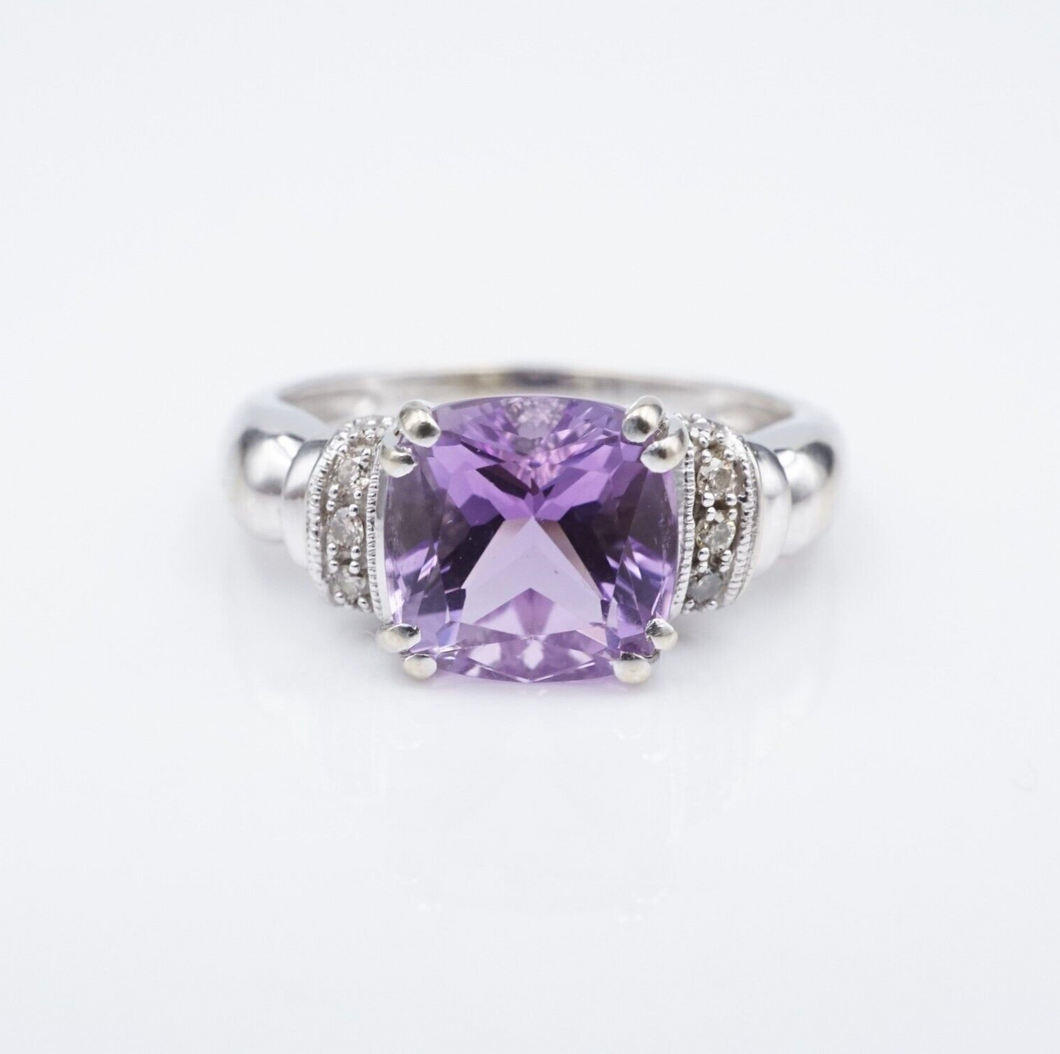 14K White Gold Ring Amethyst Champagne Diamond Band Size 8 Natural RG4213