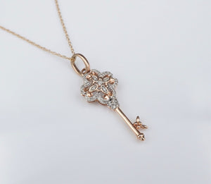 JWBR 10k Rose White Gold Pave Diamond Flower Key Pendant Necklace 19" NG1253