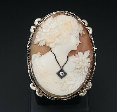 Vintage 14k Yellow Gold Carved Shell Cameo Diamond Pendant Brooch 2