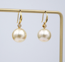 18k Yellow Gold 13mm Golden South Sea Pearl Diamond Dangle Earrings Hook EG2407