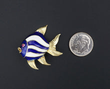 Kurt Gutmann 18k Fish Pin Brooch Blue Enamel Yellow Gold Ruby 1.25" KG OG274
