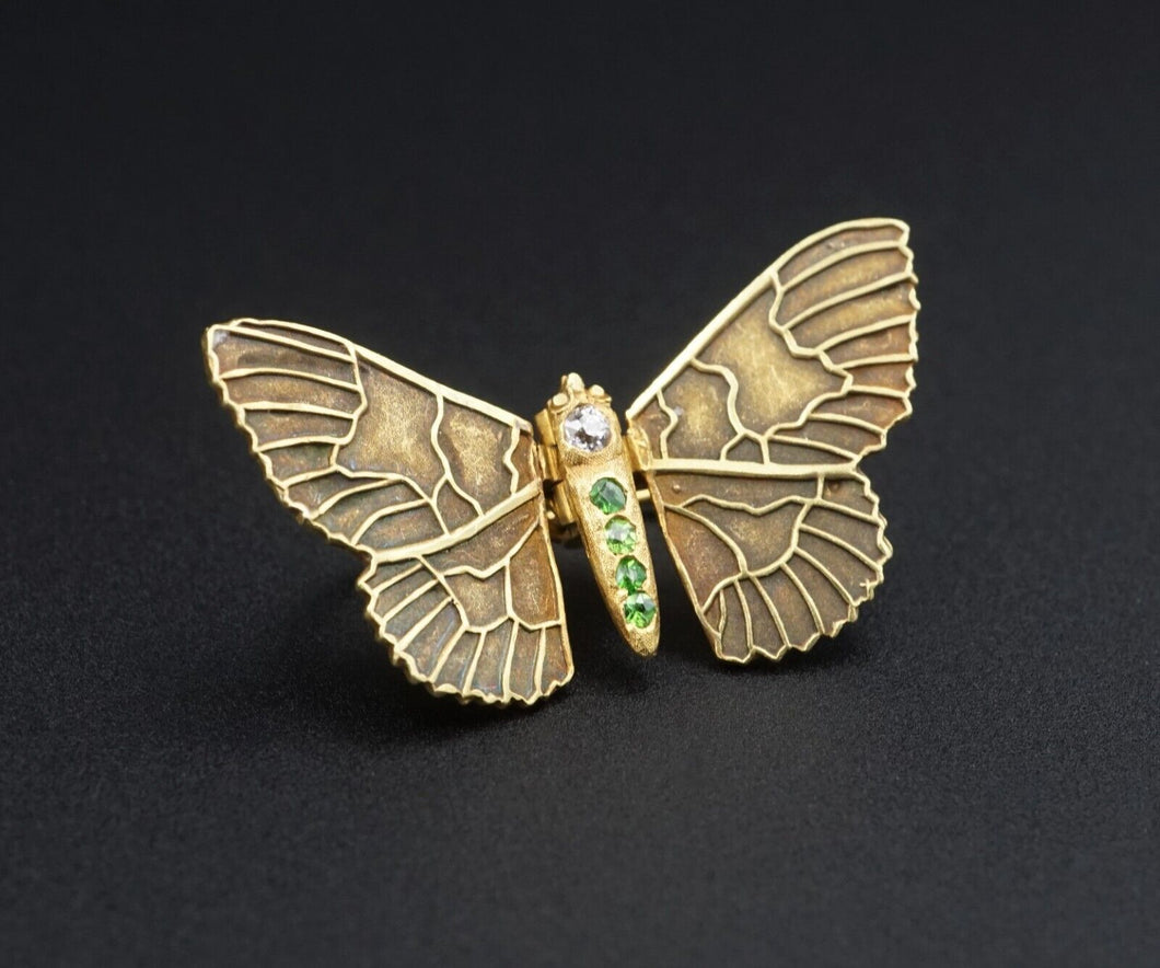 Antique French 18k Yellow Gold Diamond Butterfly Pin Brooch 1.1