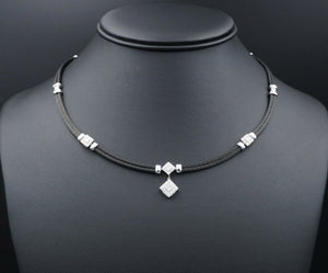 Charriol Celtic Noir Diamond Necklace 18k White Gold Black Cable 16" NG1056