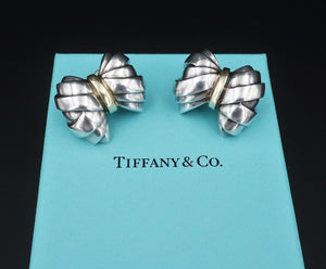 Tiffany Bow Ribbon Earrings Sterling Silver 18k Yellow Gold Clip ES2341