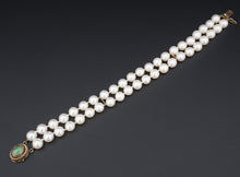 Vintage 14K Gold Double Strand Pearl Jade Cabochon Clasp Bracelet 8" 7mm BG796