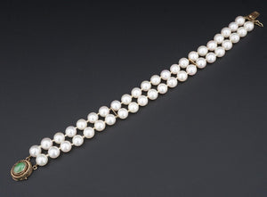 Vintage 14K Gold Double Strand Pearl Jade Cabochon Clasp Bracelet 8" 7mm BG796