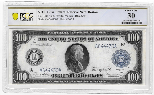 1914 Federal Reserve Bank of Boston $100 Large Note PCGS 30 VF Blue Seal CN758