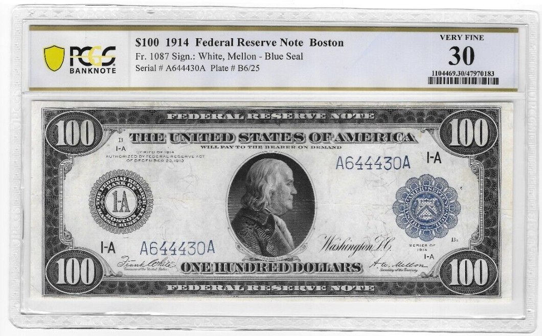 1914 Federal Reserve Bank of Boston $100 Large Note PCGS 30 VF Blue Seal CN758
