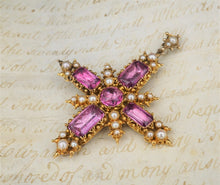 Antique 1850s 18k Yellow Gold Natural Pearl Pink Topaz Cross Pendant 2.4" CO1034
