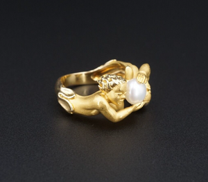 Carrera y Carrera 18k Yellow Gold Pearl Double Cherub Ring Band Size 6.25 RG3771