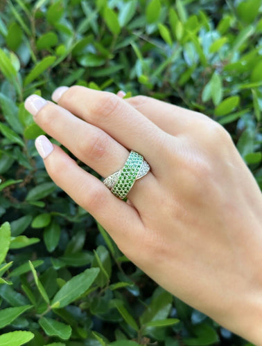 Natural Diamond Tsavorite Garnet Band Ring Pave 18k White Gold Sz 7 Dome RG4114